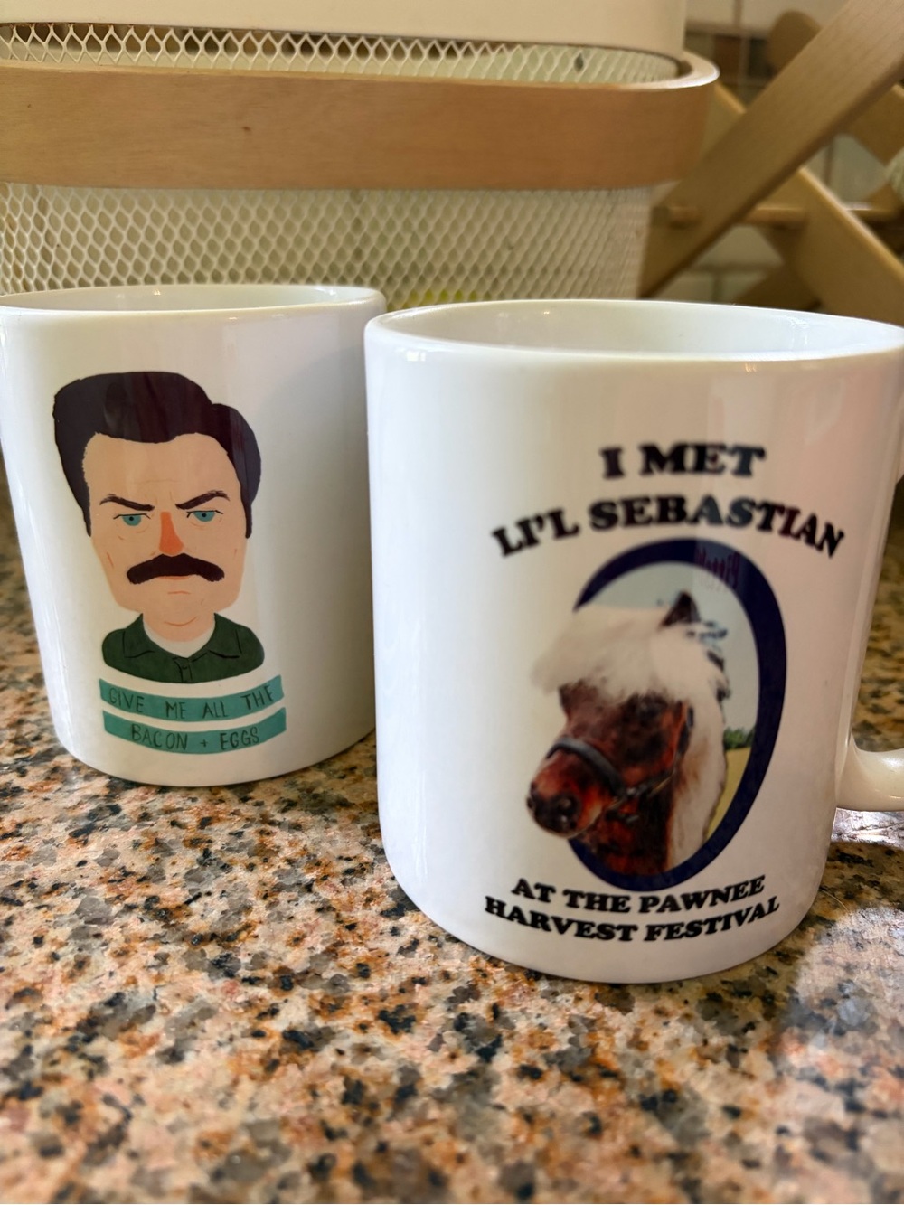 Parks & Rec Themed Ceramic Mug Set — White with Multi-Color Prints